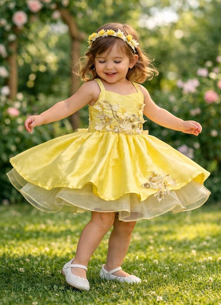Niña pequeña girando con un vestido floral amarillo , acompañado de una diadema a  juego, jardin