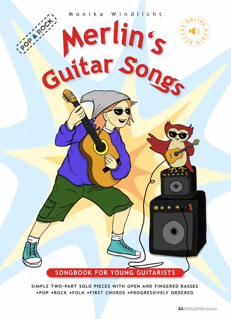 Cover of “Merlin’s Guitar Songs” by Monika Windlicht. Pop and rock style guitar songbook with easy t