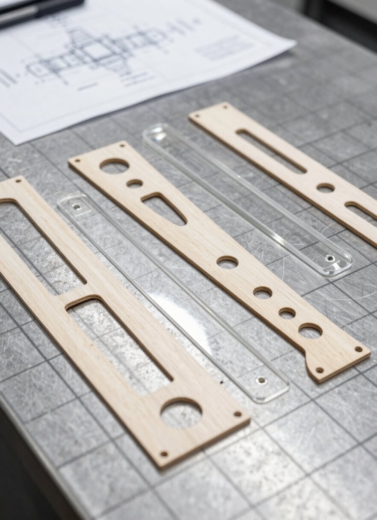 Overhead flat-lay of highly precise laser-cut plywood and acrylic templates resting on a clean, gridded steel workbench, technical drawing visible in background, 50mm lens