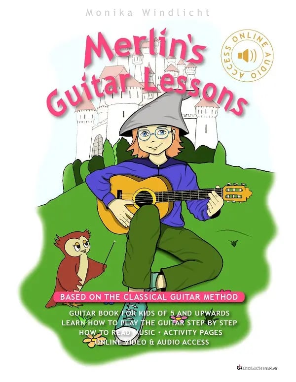Cover of “Merlin’s Guitar Lessons – Book 1” by Monika Windlicht. Beginner guitar book for children a