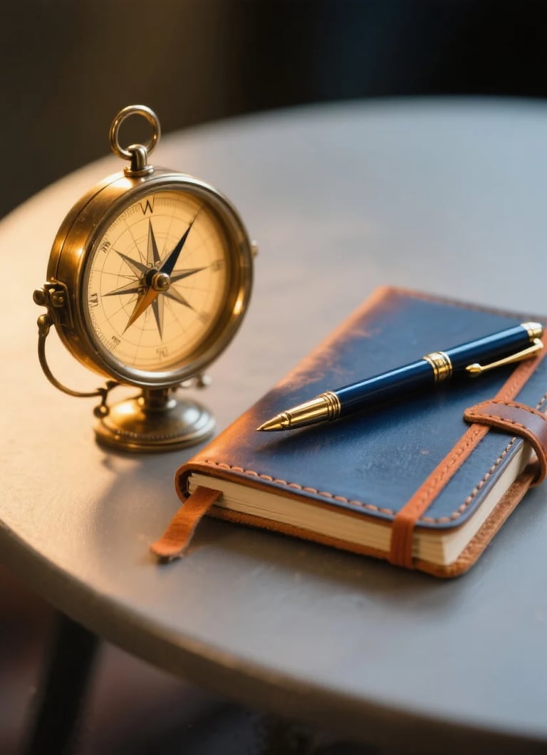 Elegant compass & journal. Guided Spanish learning journey, personal story
