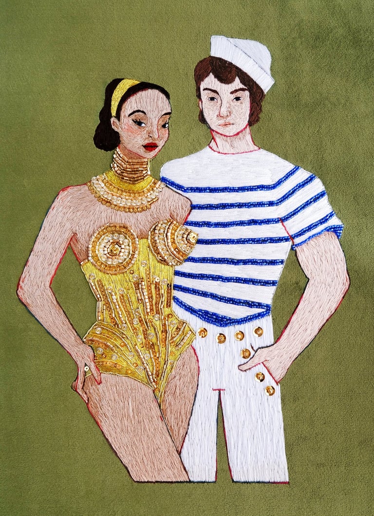 embroidery of Jean Paul Gaultier, with golden corset and sailor 