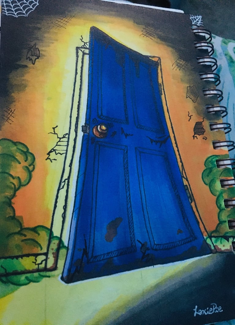 ominous creepy door with something lurking behind it.