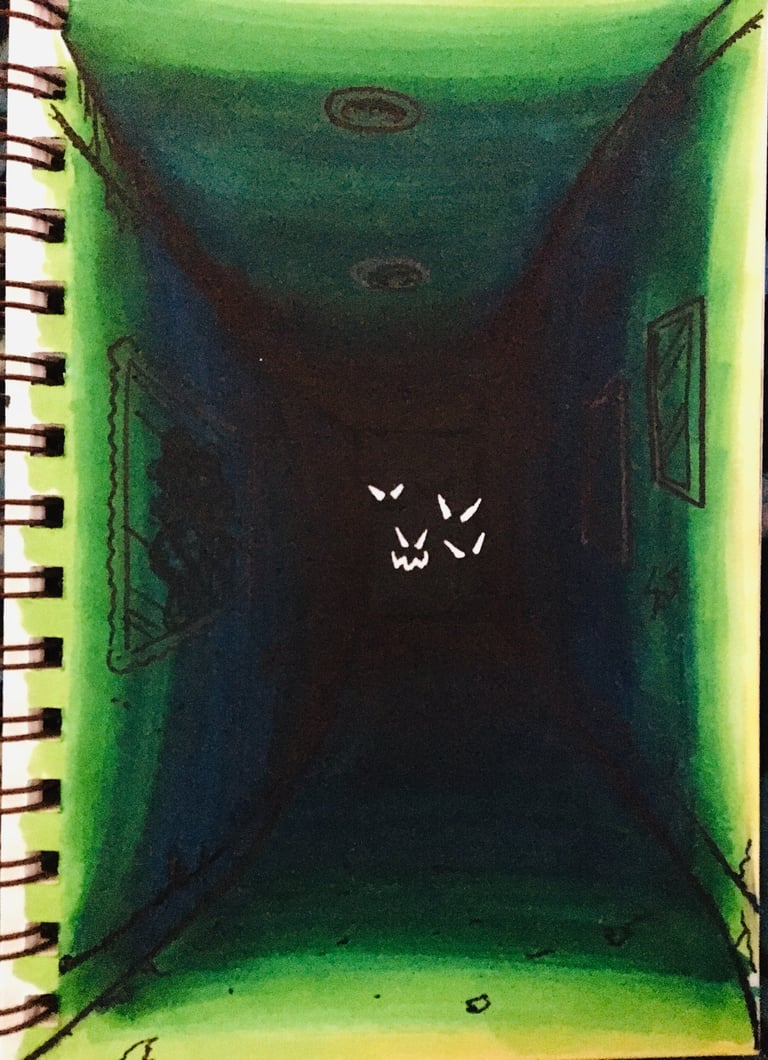 marker drawing on sketch pad of dark hallway with monsters.