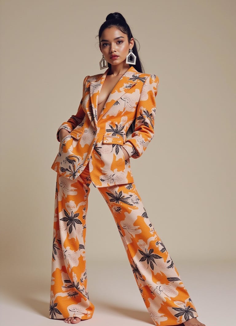 Pop-art inspired print in muted palette on stretch lycra fabric