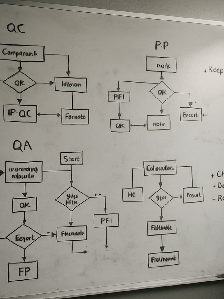 Overhead view of a whiteboard in a manufacturing operations room covered with process flow diagrams and handwritten notes on quality control steps, natural window light from above, no people, technical annotations visible