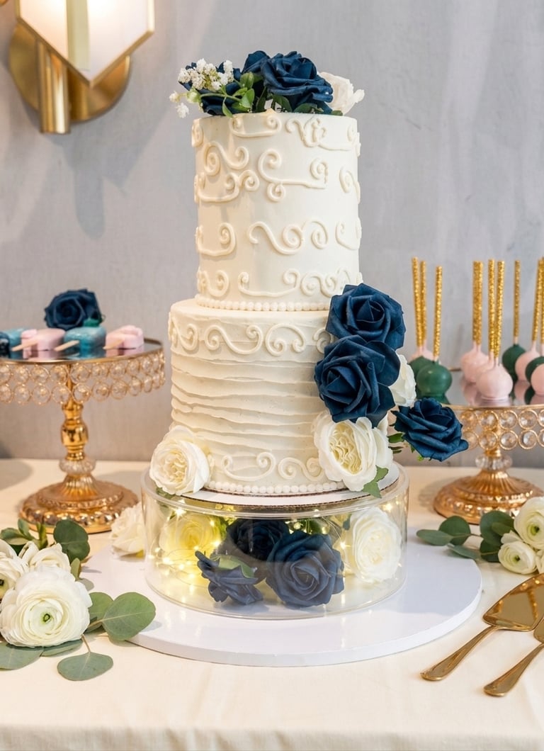 Elegant two-tier white wedding cake with navy blue roses and gold dessert Chicago wedding