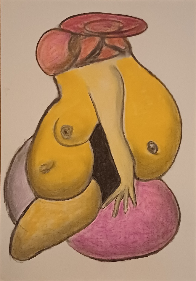 Yellow Madonna — voluminous seated figure with red circular form above, pastel, by Zanda