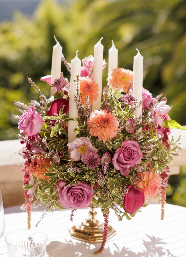 chandelier décoré avec fleurs couleurs vives et feuillage