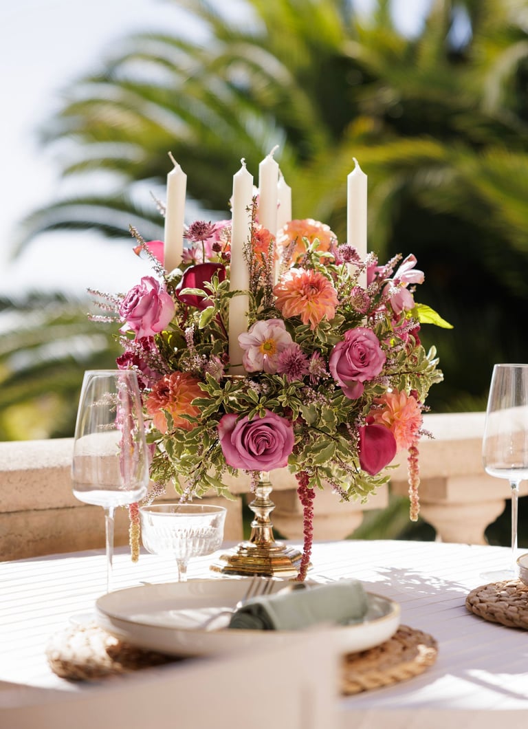 table déjeuner avec chandelier décoré de fleurs fraiches