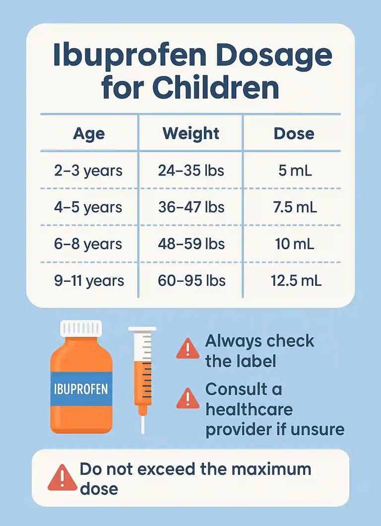 Infographic on safe ibuprofen use in children with dosage by age and weight, side effects, and pediatric safety tips