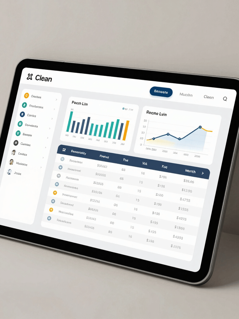 Clean browser mockup of a modern business management SaaS interface, light theme, showing structured financial charts and client schedules, soft drop shadow, neutral background.