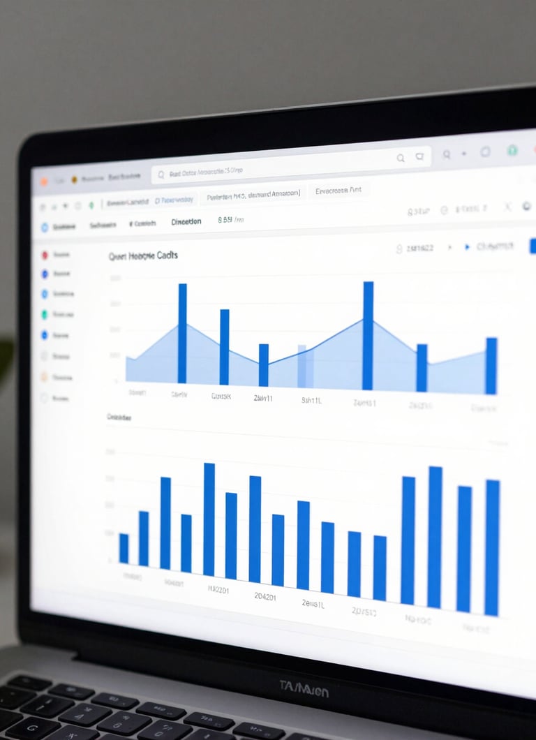 A clean, high-fidelity browser mockup of a financial dashboard with clear, structured business metrics and blue bar charts, subtle drop shadow, white background.