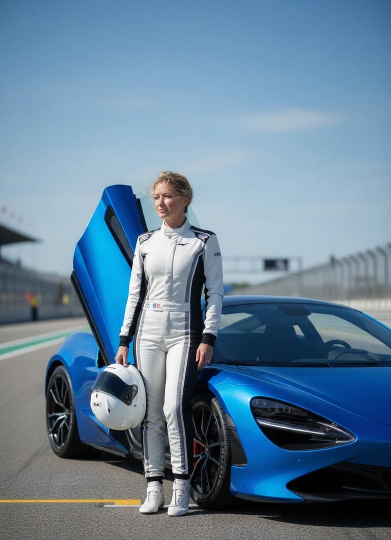 a woman in a white suit and a blue car