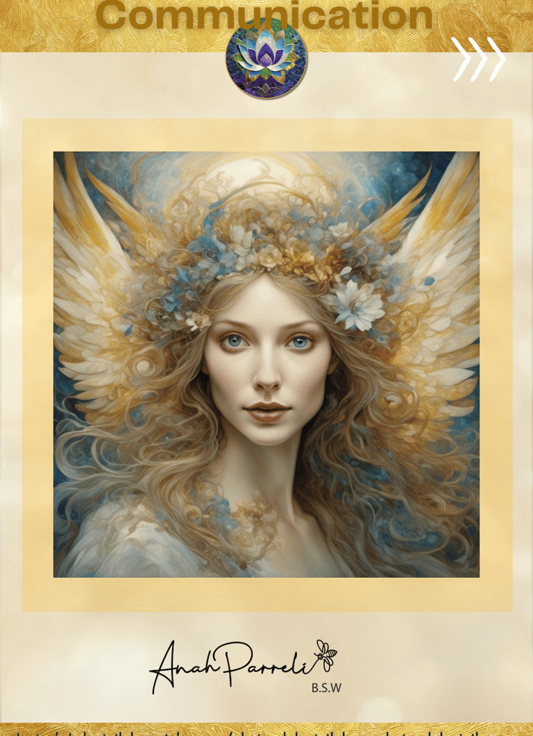Beautiful and peaceful angel of communication. shades of gold,  blue and white.