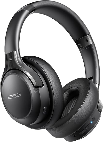 Black BERIBES over-ear Bluetooth headphones with foldable design, built-in mic, and EQ sound modes