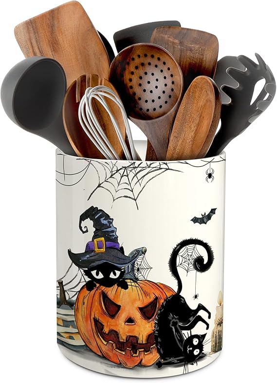 Pinata Halloween ceramic utensil holder with cat and pumpkin design, festive kitchen décor 