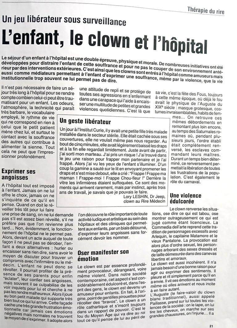 Page 1 de mon article dans Vous et votre Santé sur l'enfant, le clown et l'hôpital.