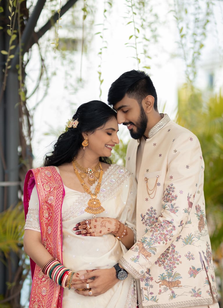 baby shower bride with styled hair and makeup by top bridal artist R&D Studio in Gotri Vadodara