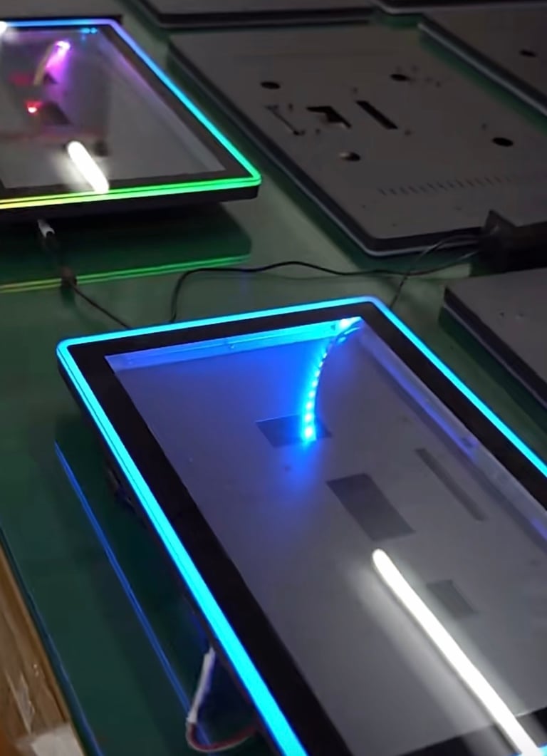 ClaraTech Halo monitor engineering assembly showing custom metal chassis and ARGB LED integration fo