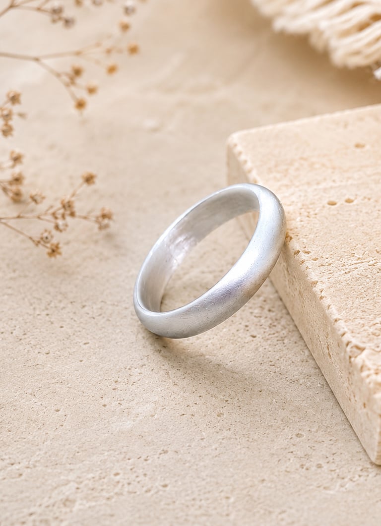 Minimalist satin matte 999 fine silver band ring displayed on a natural stone pedestal with flowers.