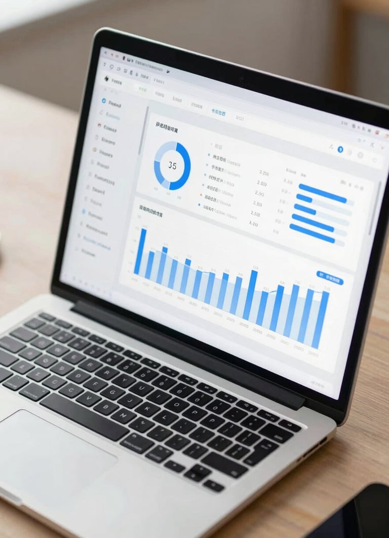 Close-up of a laptop screen displaying a clean dashboard UI with Chinese text labels and blue data charts, neutral office desk background, bright studio lighting, flat-lay angle