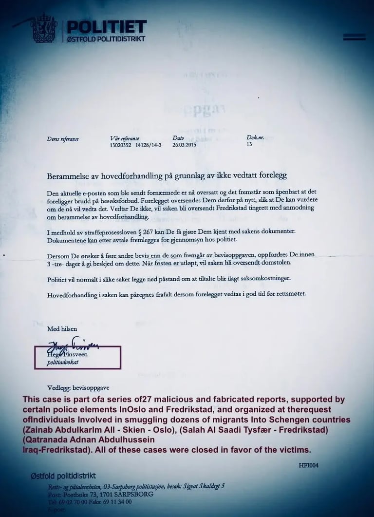 hege finsveen,fredrikstad politi,salah hassan al-saadi,zainab abdulkarim,Qatranada Adnan Abdulhussei