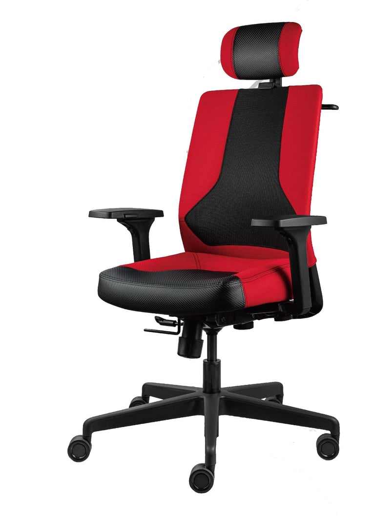 Red and black performance chair with headrest, angled front view on casters