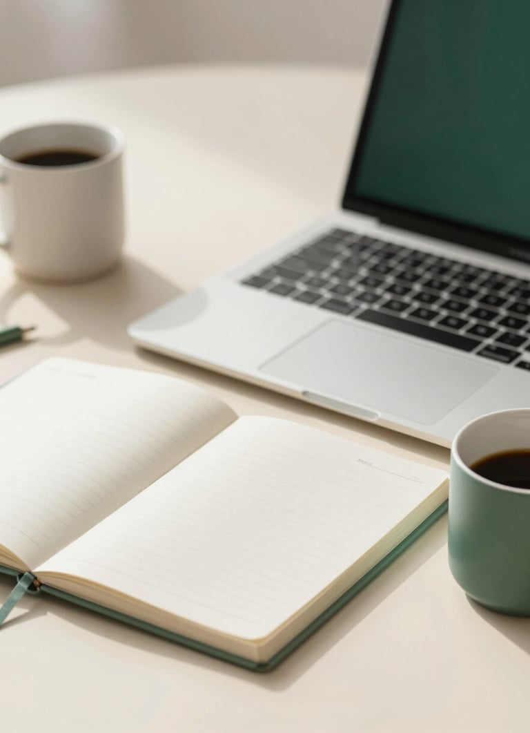 A sleek, minimalist workspace with a laptop, a notebook, and a coffee mug on a #FCFBF5 cream surface, soft morning light, professional and calming atmosphere with subtle #00381f accents.
