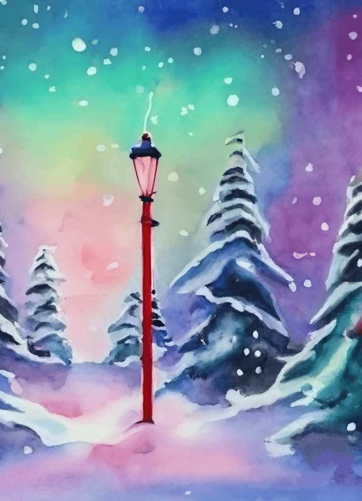 Gen AI watercolor - Narnia in winter with lampost