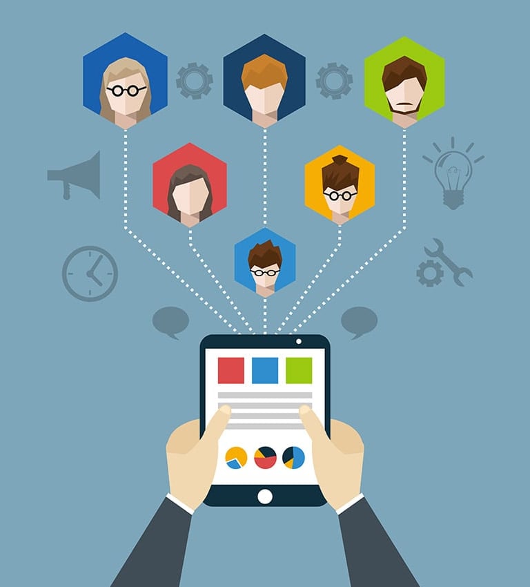 a person holding a tablet with a bunch of people on it