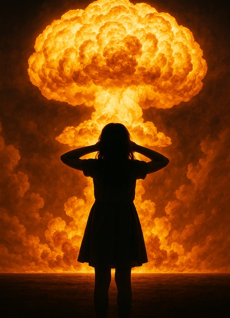 silhouette se bouche les oreilles devant explosion nucléaire, illustration journée internationale