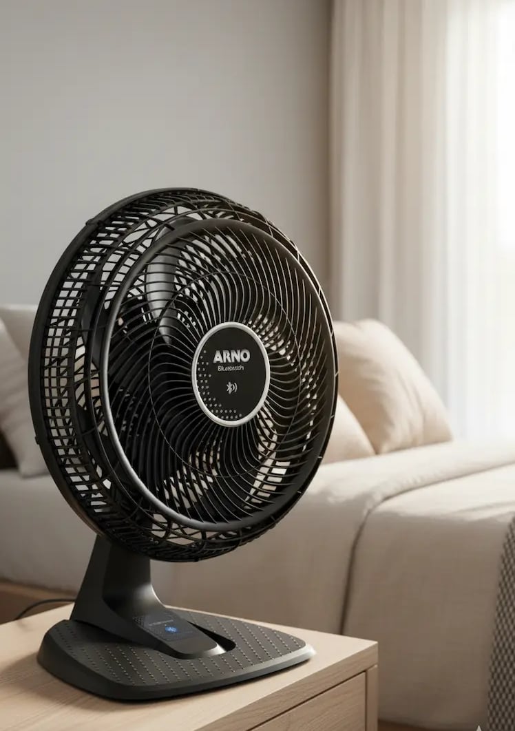 Black Arno Bluetooth desk fan on a wooden nightstand in a bright, modern bedroom.