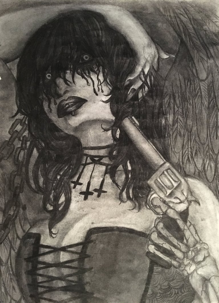 charcoal drawing of a tortured angel ready to end her llife