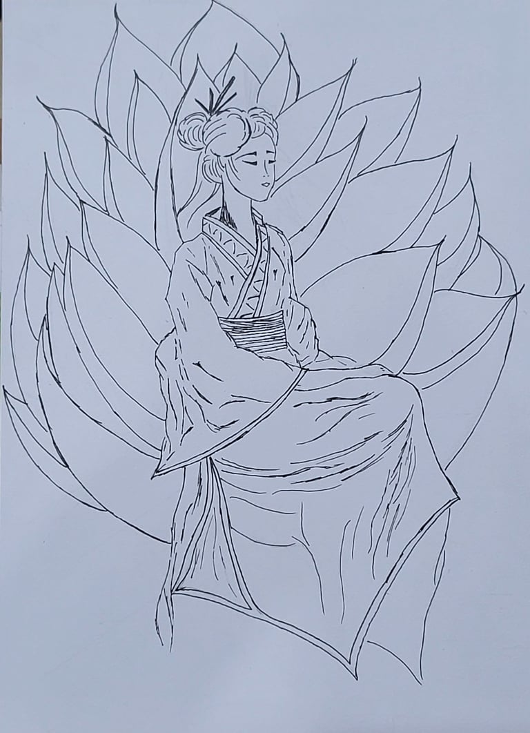 Dibujo a lápiz de Óscar Ocaña Parrón; una princesa oriental está sentada en un Trono con forma de Flor de Loto