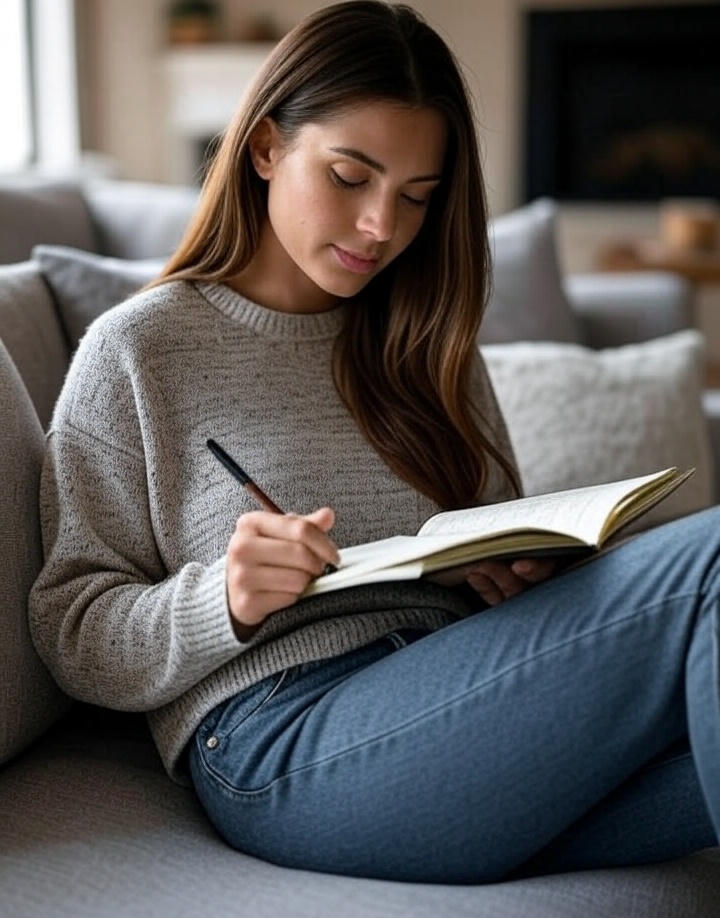 Woman on couch filling in health journal