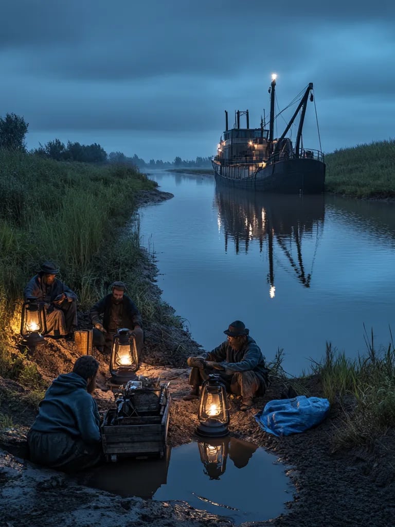 evening along the canal, oil lanterns reflecting in the still waters, workers seated by campfires