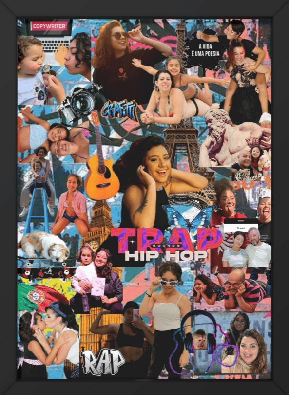 a collage of girls with Paris tower and her acoustic guitar