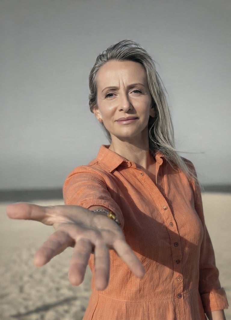 “Donna adulta in camicia color terracotta che tende la mano verso l’obiettivo, ambiente naturale