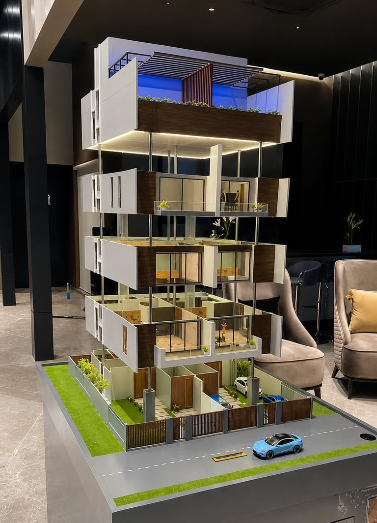 Detailed architectural scale model of a modern multi-story luxury apartment building featuring realistic lighting 