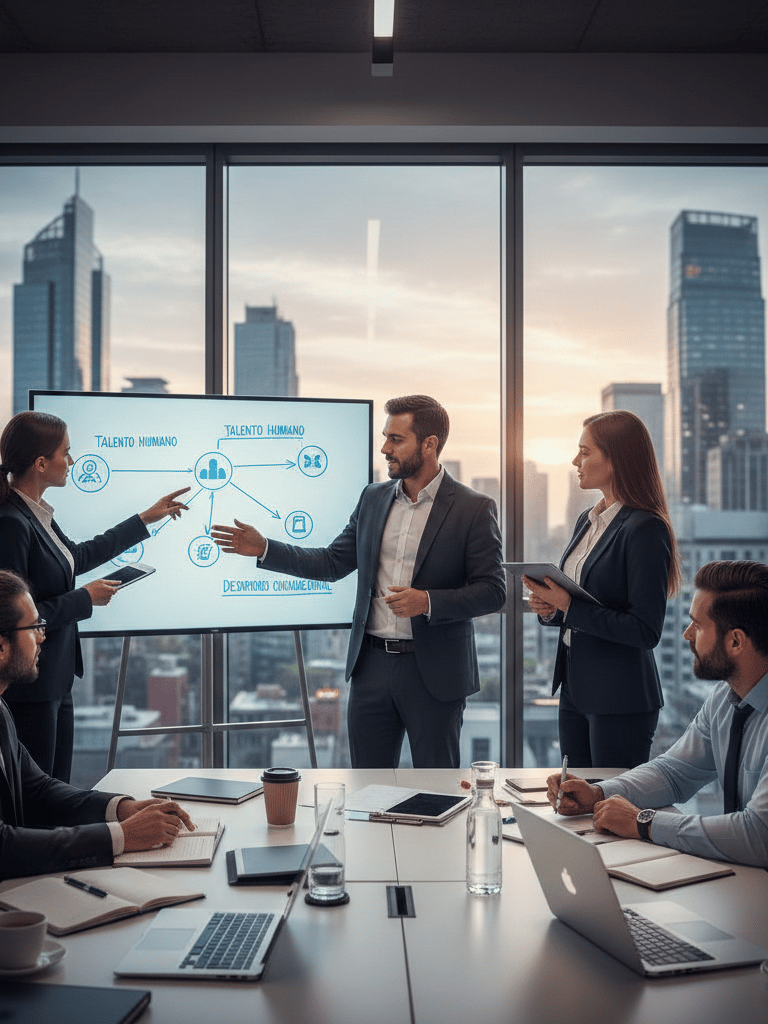 Professional business team discussing a human talent strategy chart in a modern office boardroom at sunset.