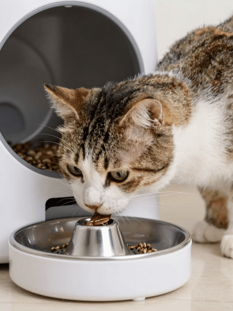 A tabby cat eating dry kibble from a modern white automatic pet feeder with a stainless steel bowl.
