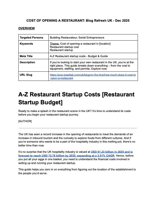 Screenshot of a blog on Google docs.
