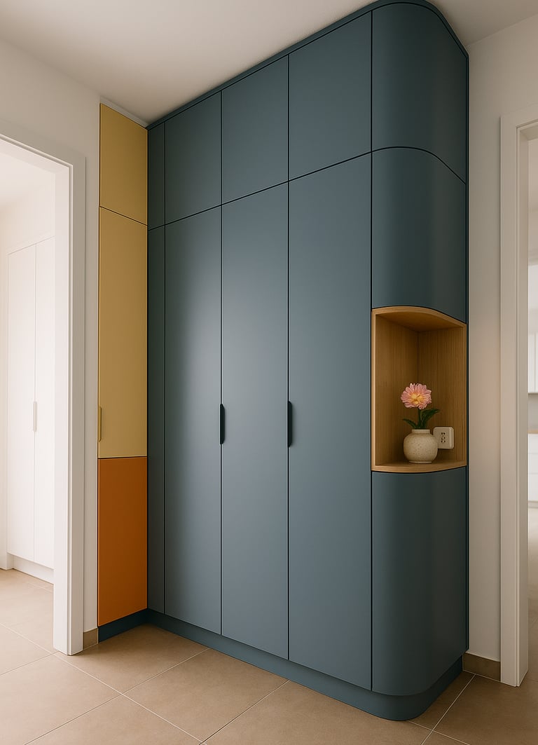 placard d'angle encastré dans une couleur bleu-gris discrète