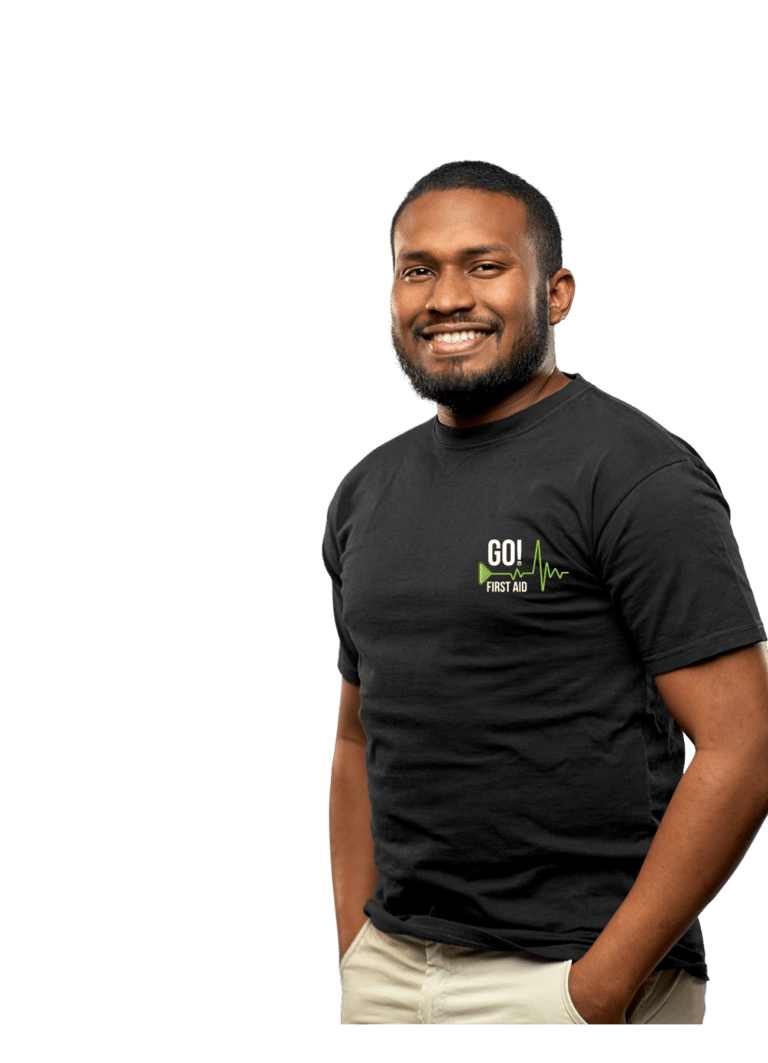 a GO! First Aid Instructor with a black logoed t-shirt encouraging to bookmark the page 