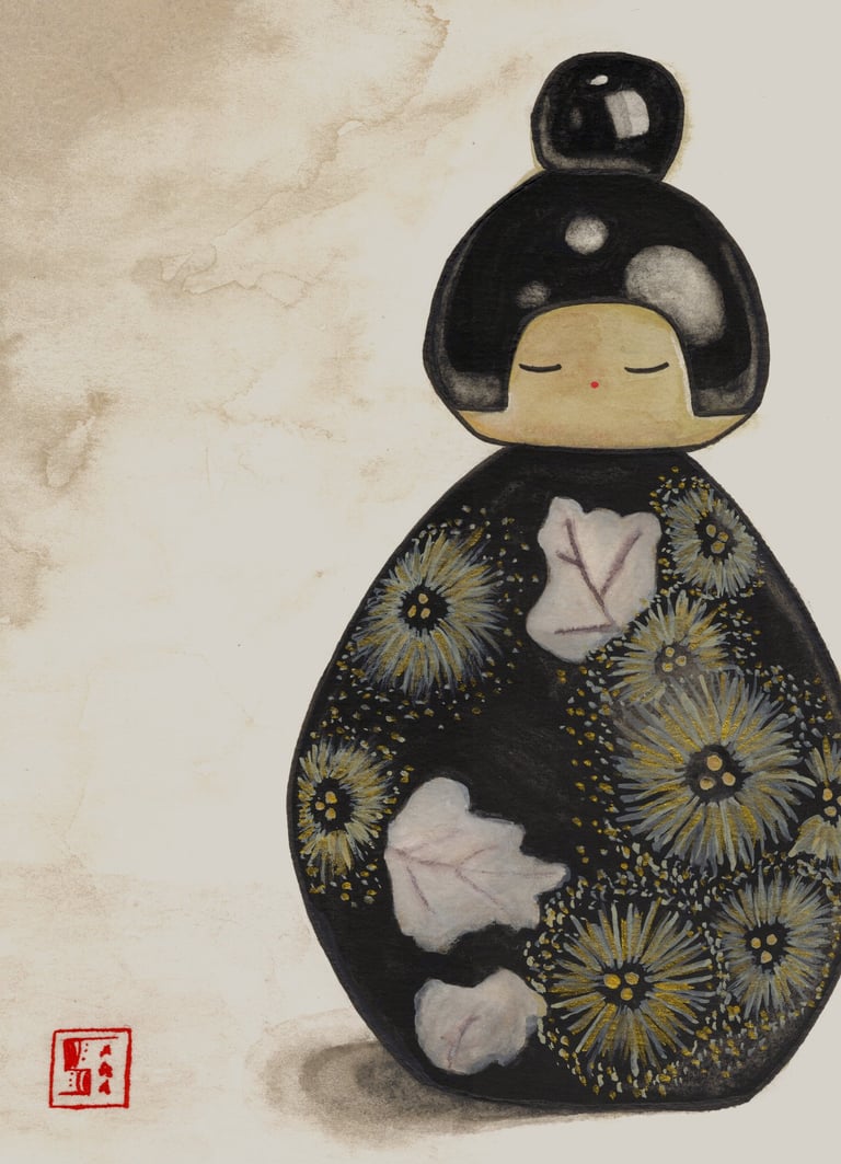Watercolor illustration of a traditional Japanese Kokeshi doll with floral patterns on a textured background.