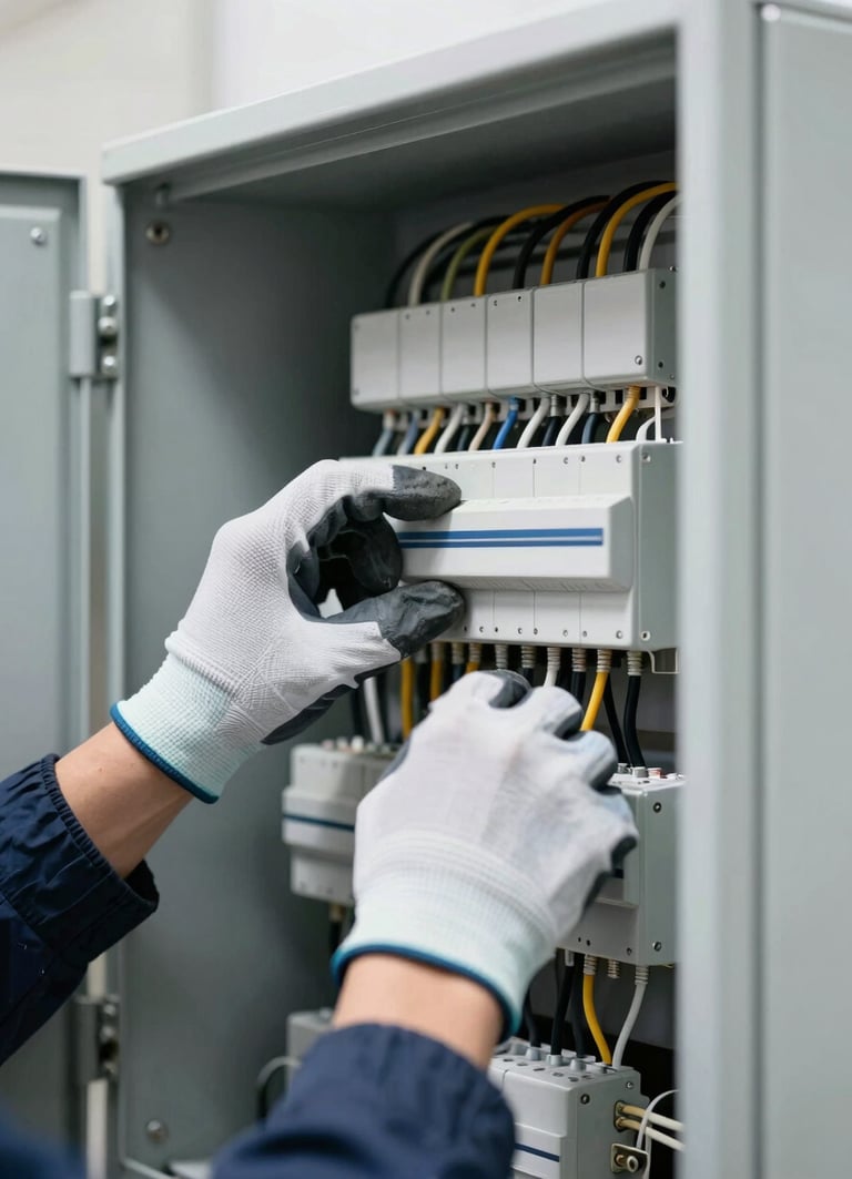 Tight macro shot of a technician's hands in branded gloves working on an electrical panel, wires neatly organized, under clean, cool-toned utility lighting, sharp focus on the work, industrial editorial style.