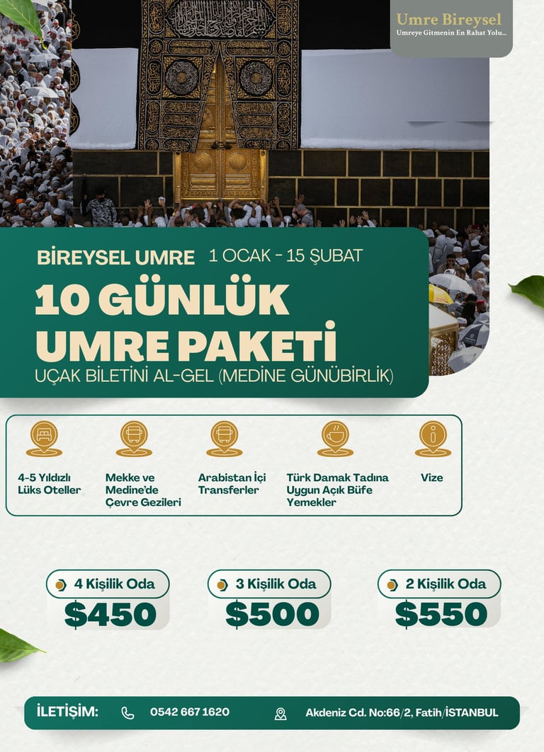 bireysel umre ocak şubat paketi. bireysel umre otel, yemek, vize, ulaşım, sigorta hizmetleri