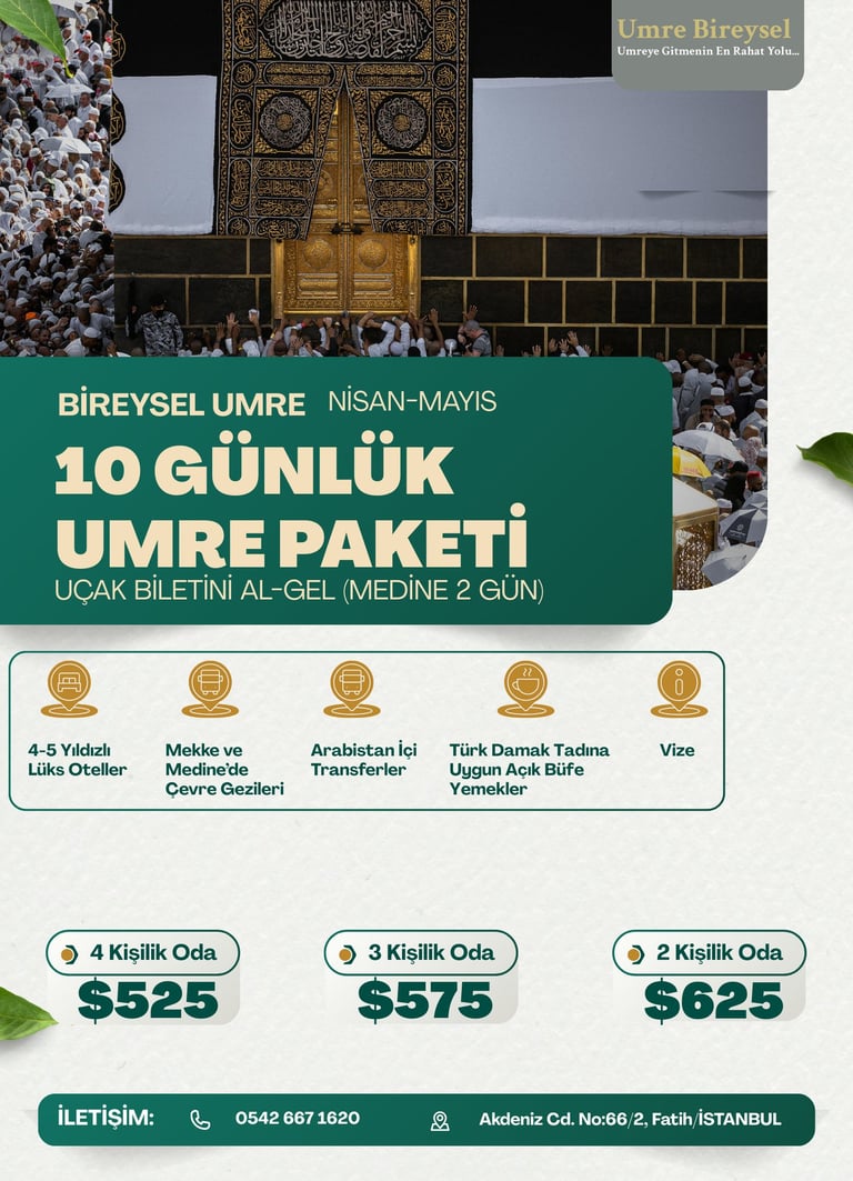 bireysel umre nisan mayıs paketi. bireysel umre otel, yemek, vize, ulaşım, sigorta hizmetleri