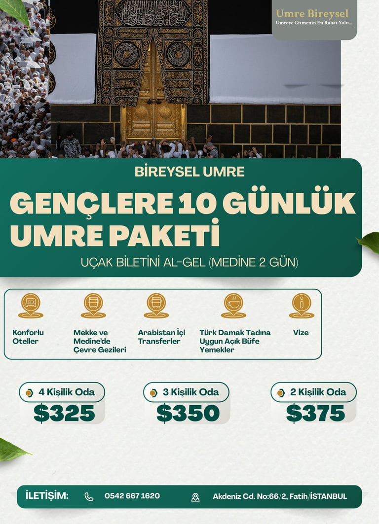 bireysel umre genç paketi. bireysel umre otel, yemek, vize, ulaşım, sigorta hizmetleri